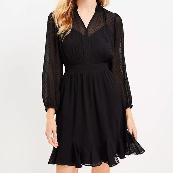 Loft Black Sheer Swiss Dot Pleated Long Sleeve Dress Womens 12 NWT Fairy Grunge - Picture 2 of 11